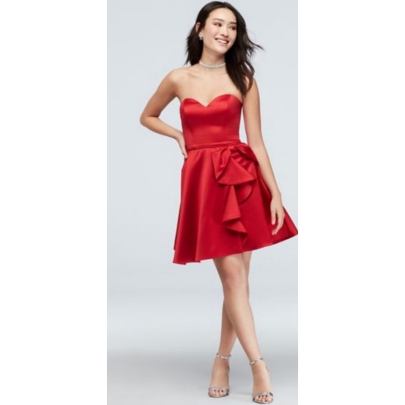Blondie Nights Bow Ruffle Strapless Satin Fit-and-Flare Dress - Red - Picture 16 of 16